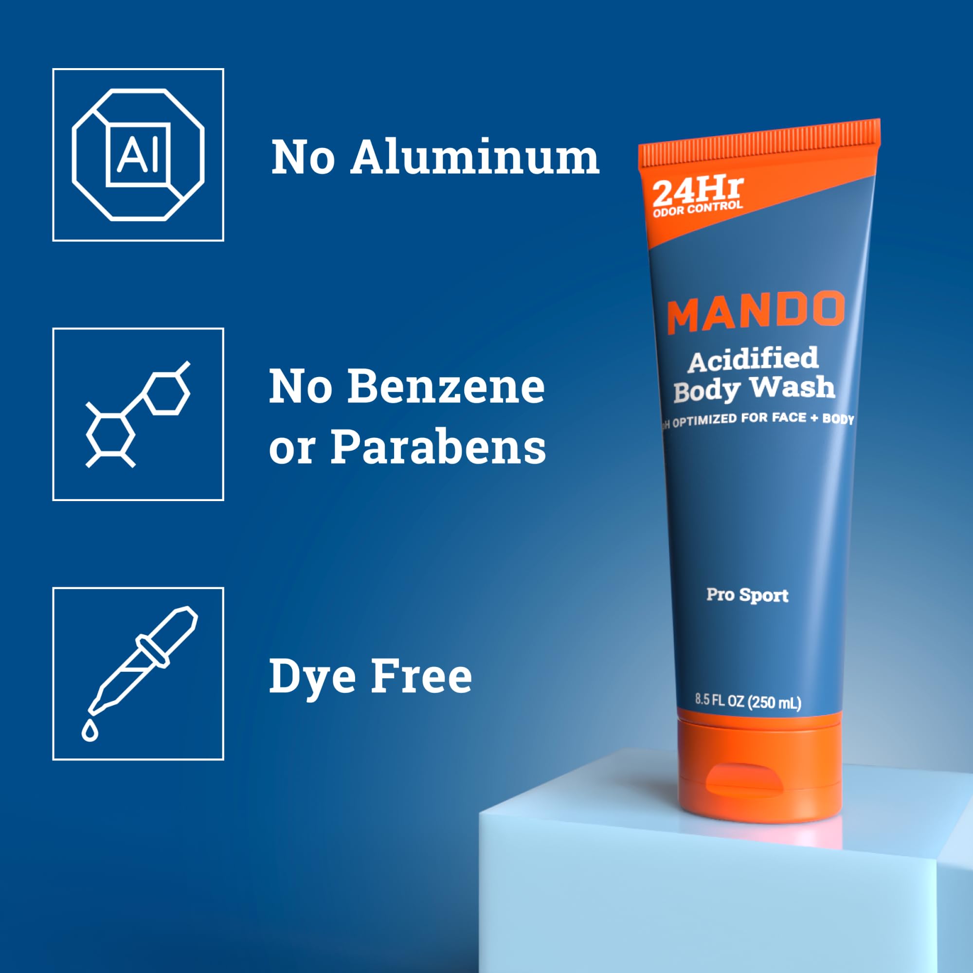 Mando Pro Sport label shows mandelic acid benefits without harsh chemicals in daily showers.