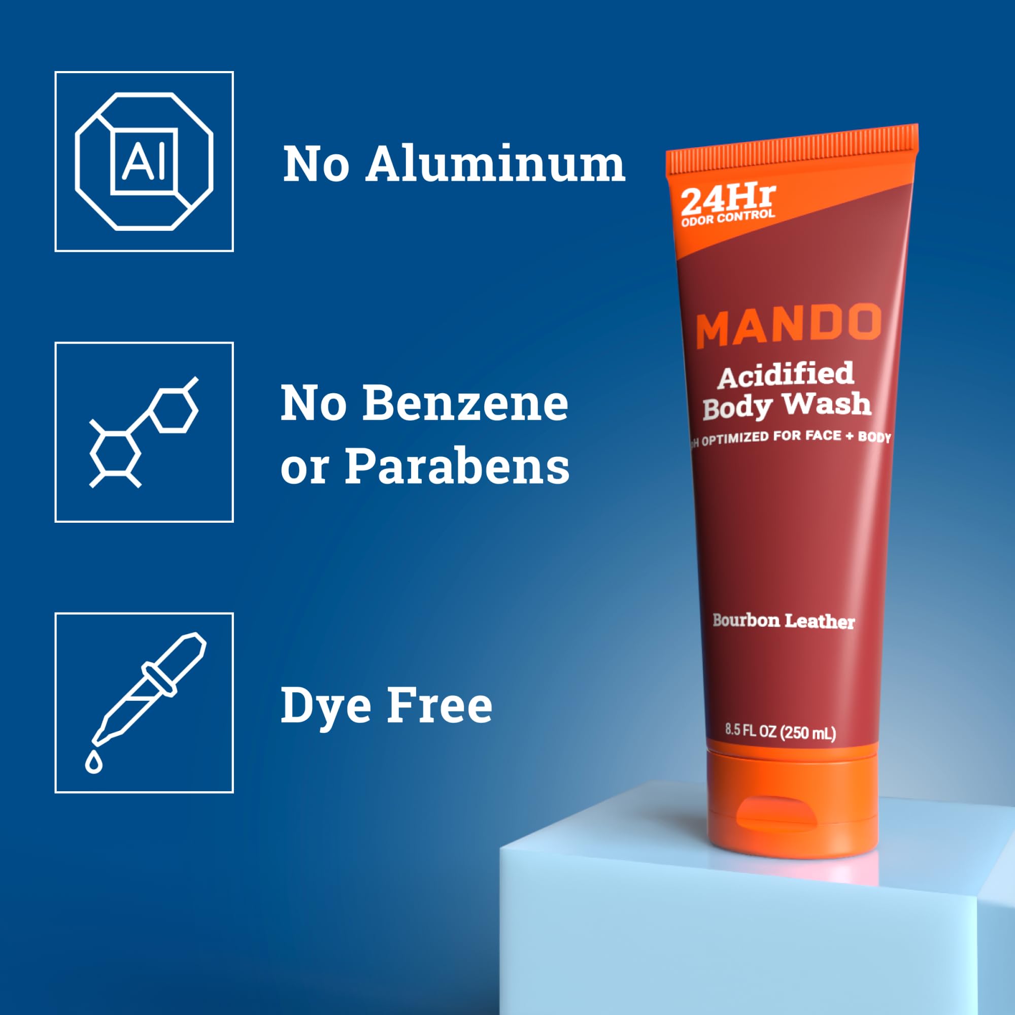 Mando Acidified Body Wash two-pack product display conveys value and convenience.