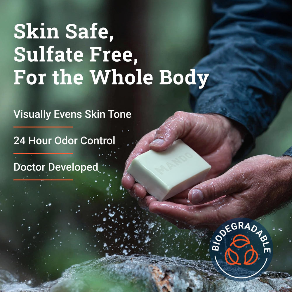 Mando Acidified Cleansing Bar after-workout use for 24-hour odor control.