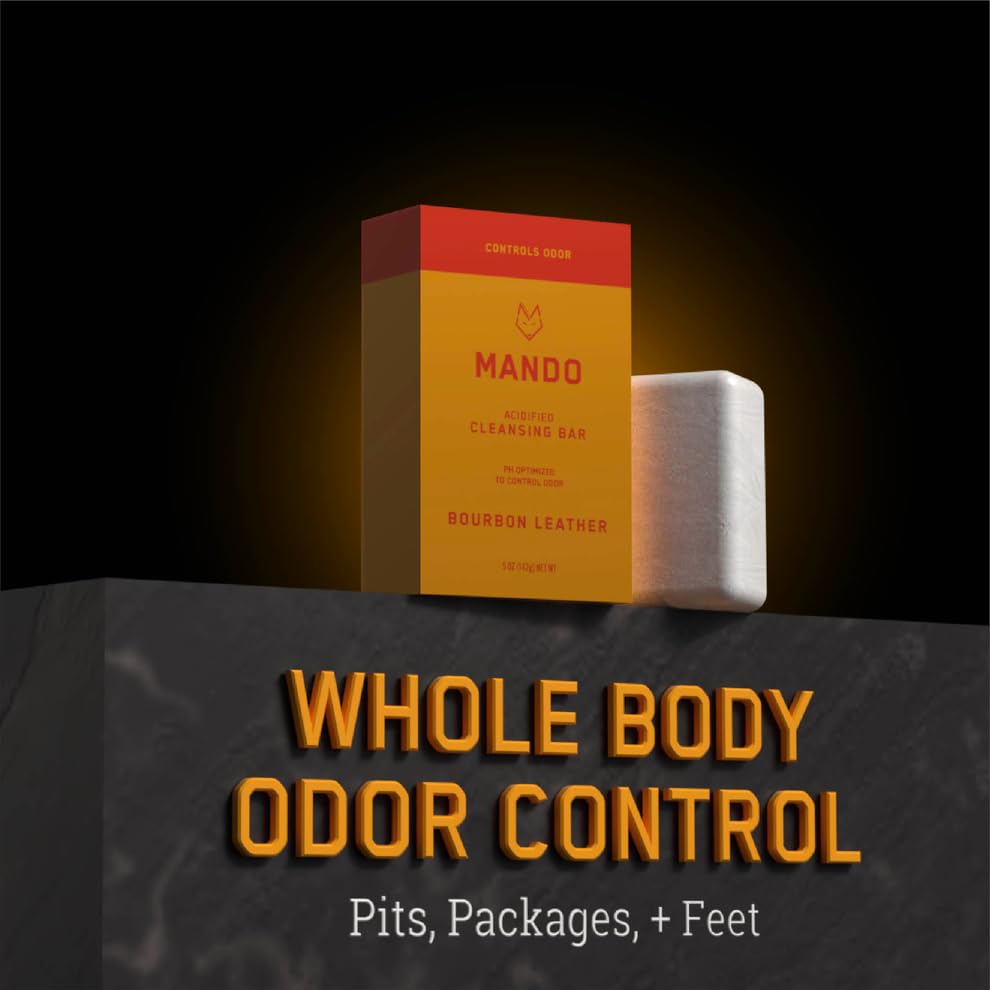 Mando Acidified Cleansing Bar Bourbon Leather scent for a refreshing post-shower ritual