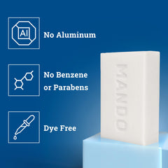 Mando Acidified Cleansing Bar close-up reveals creamy lather from triple milling.
