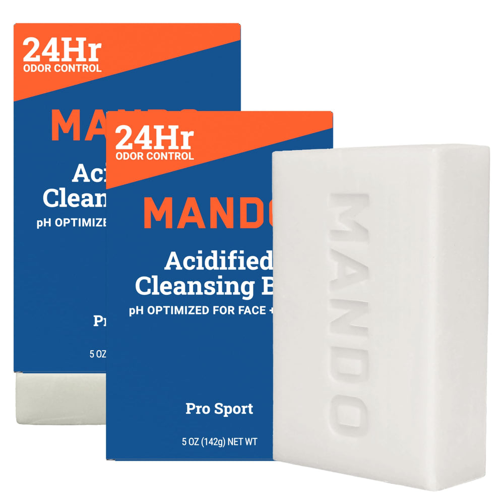 Mando Acidified Cleansing Bar front view highlights compact odor-control cleansing for daily use.