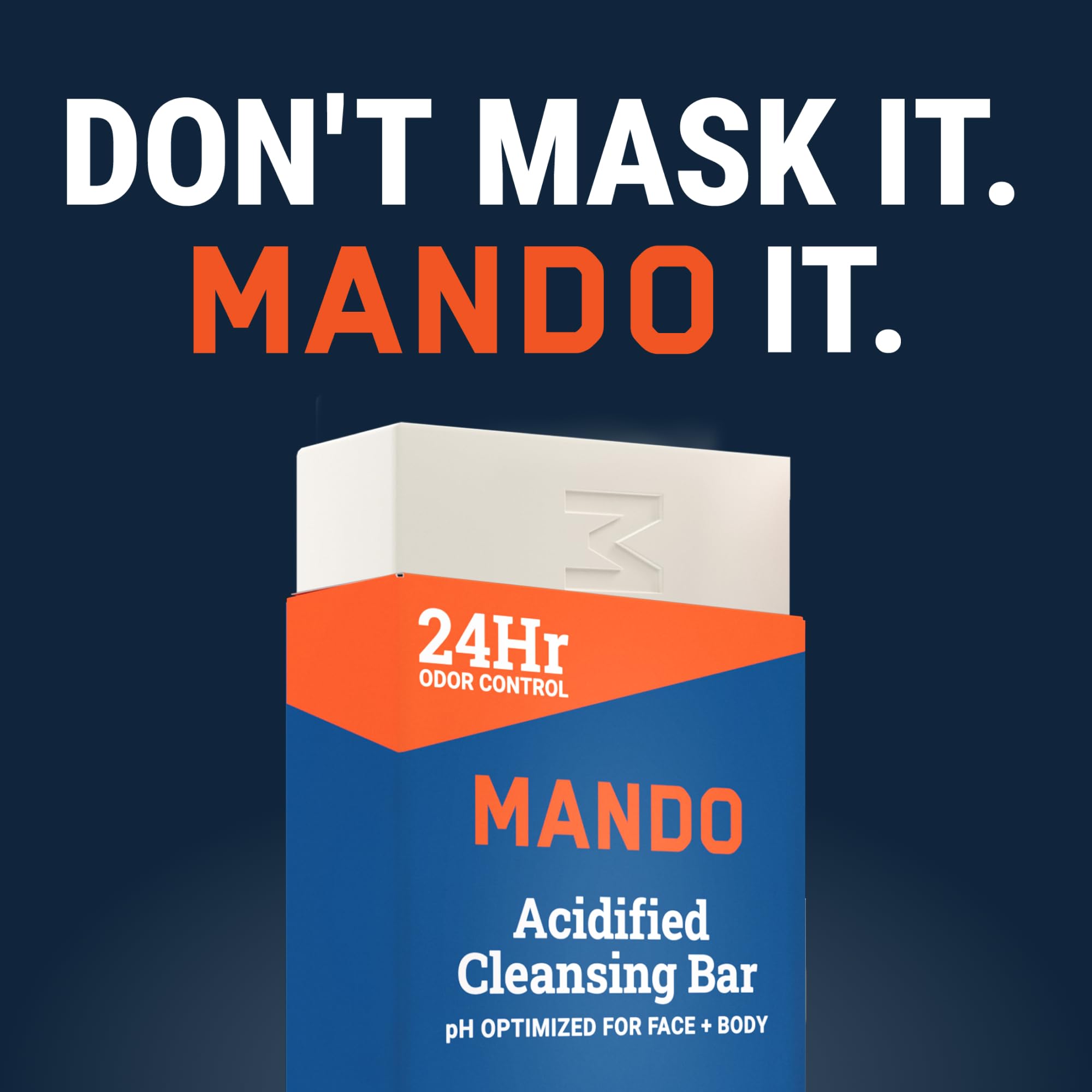 Mando Acidified Cleansing Bar gym-bag ready packaging for odor-control on the go.
