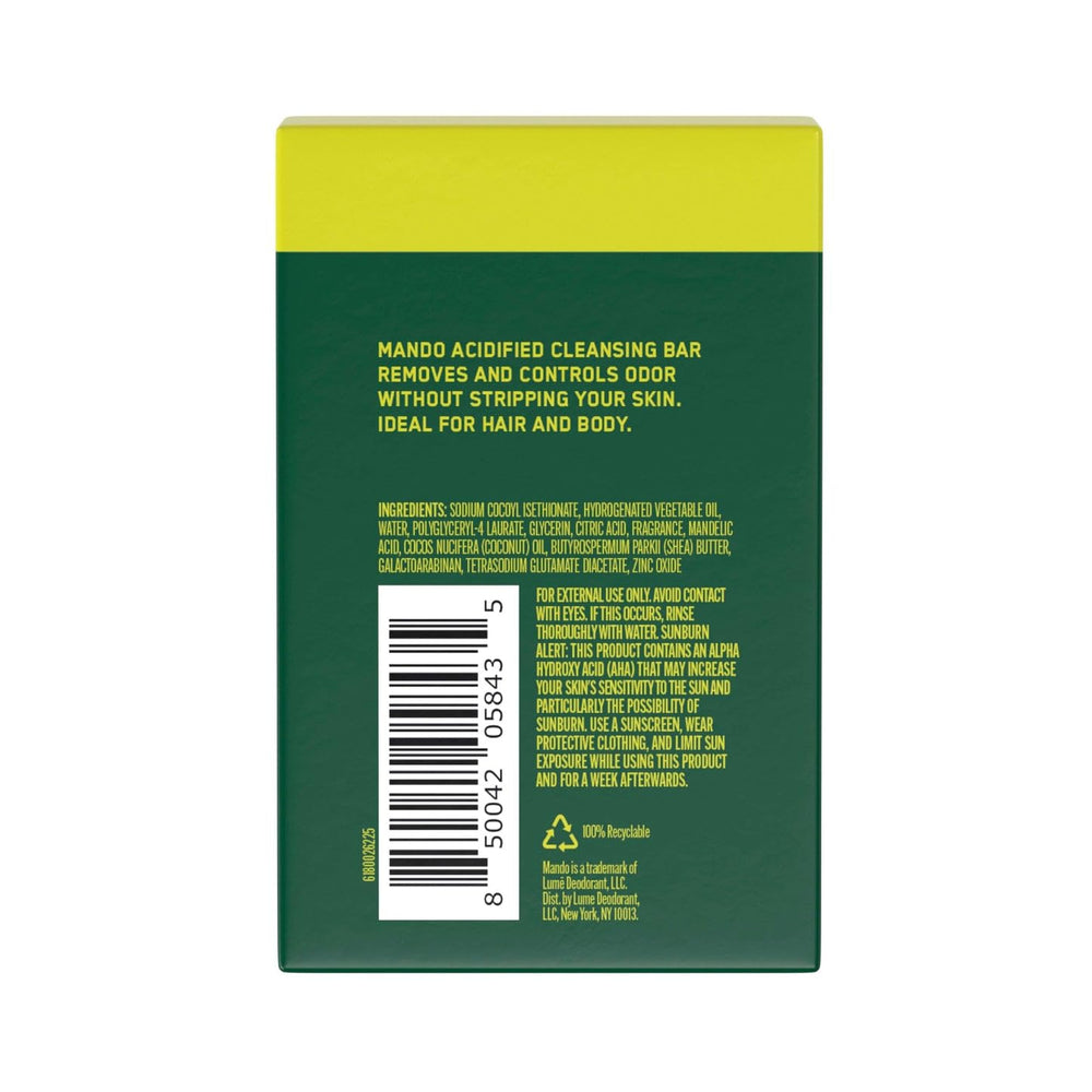 Mando Acidified Cleansing Bar packaging displays SLS-free, paraben-free formula.