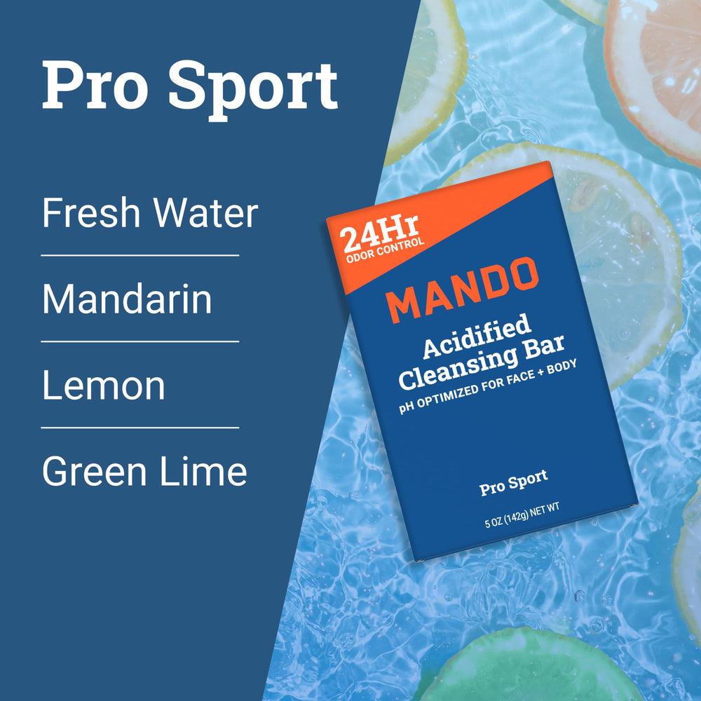 Mando Acidified Cleansing Bar packaging emphasizes SLS- and parabens-free formula.