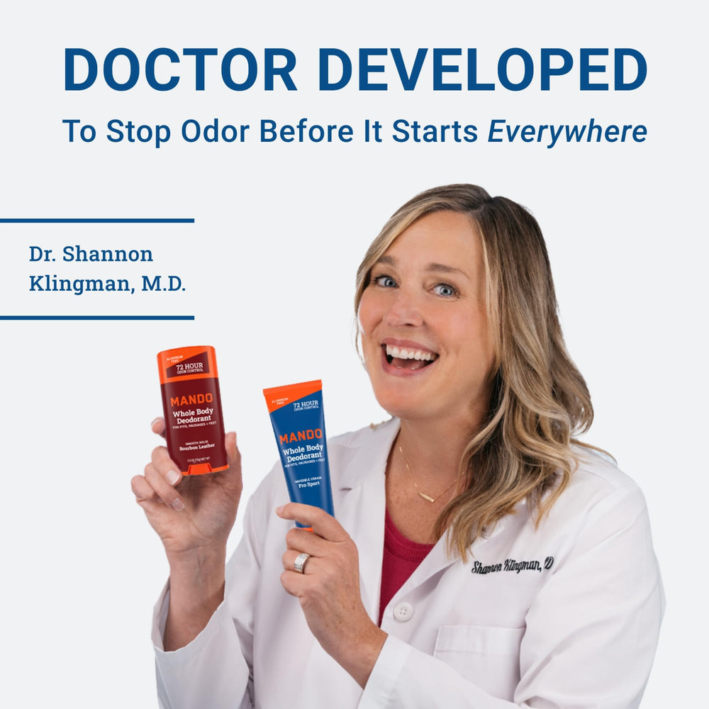 Mando Acidified Cleansing Bar in shower use demonstrates odor removal during routine wash.