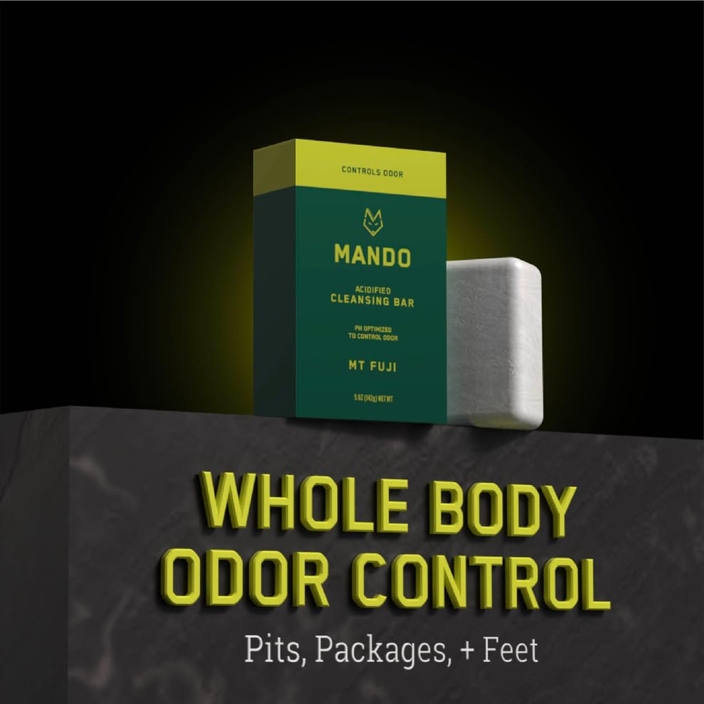 Mando Acidified Cleansing Bar in shower use demonstrates 24-hour odor control.