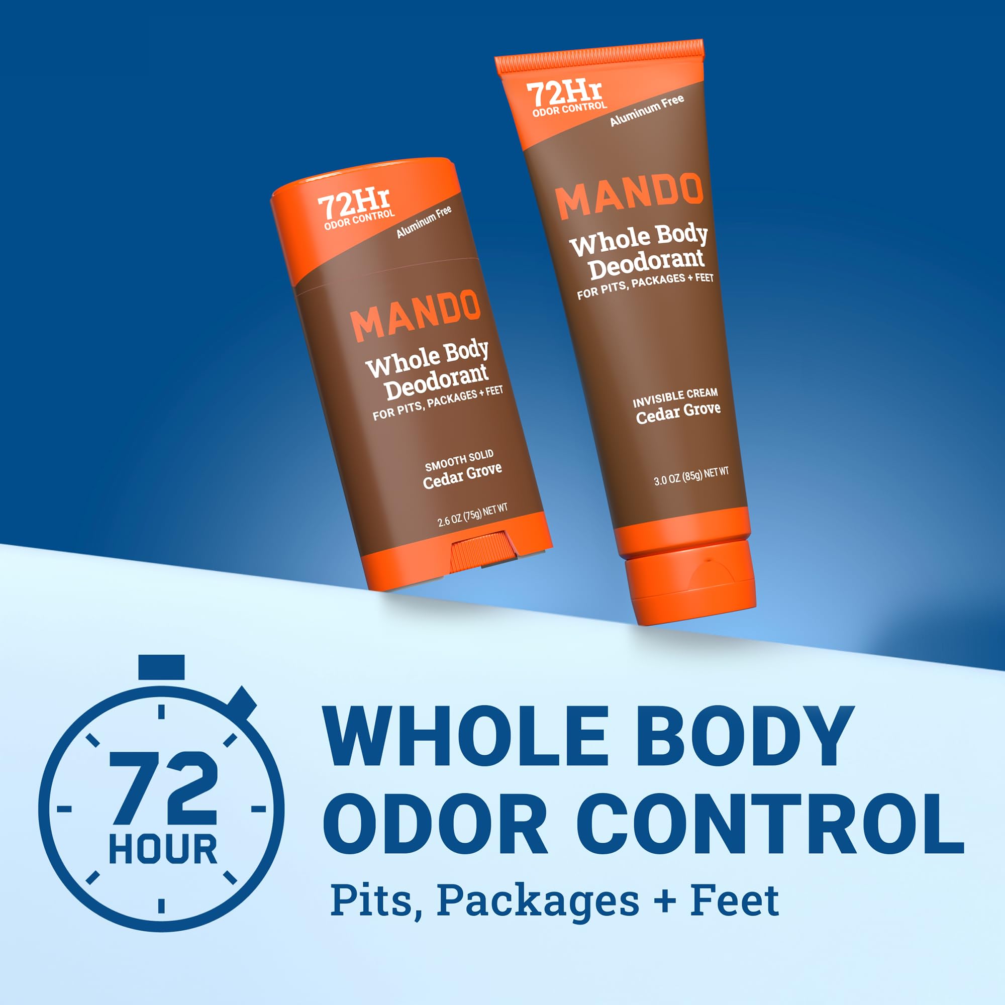 Mando aluminum-free, baking-soda-free formula highlighted for skin-safe use.