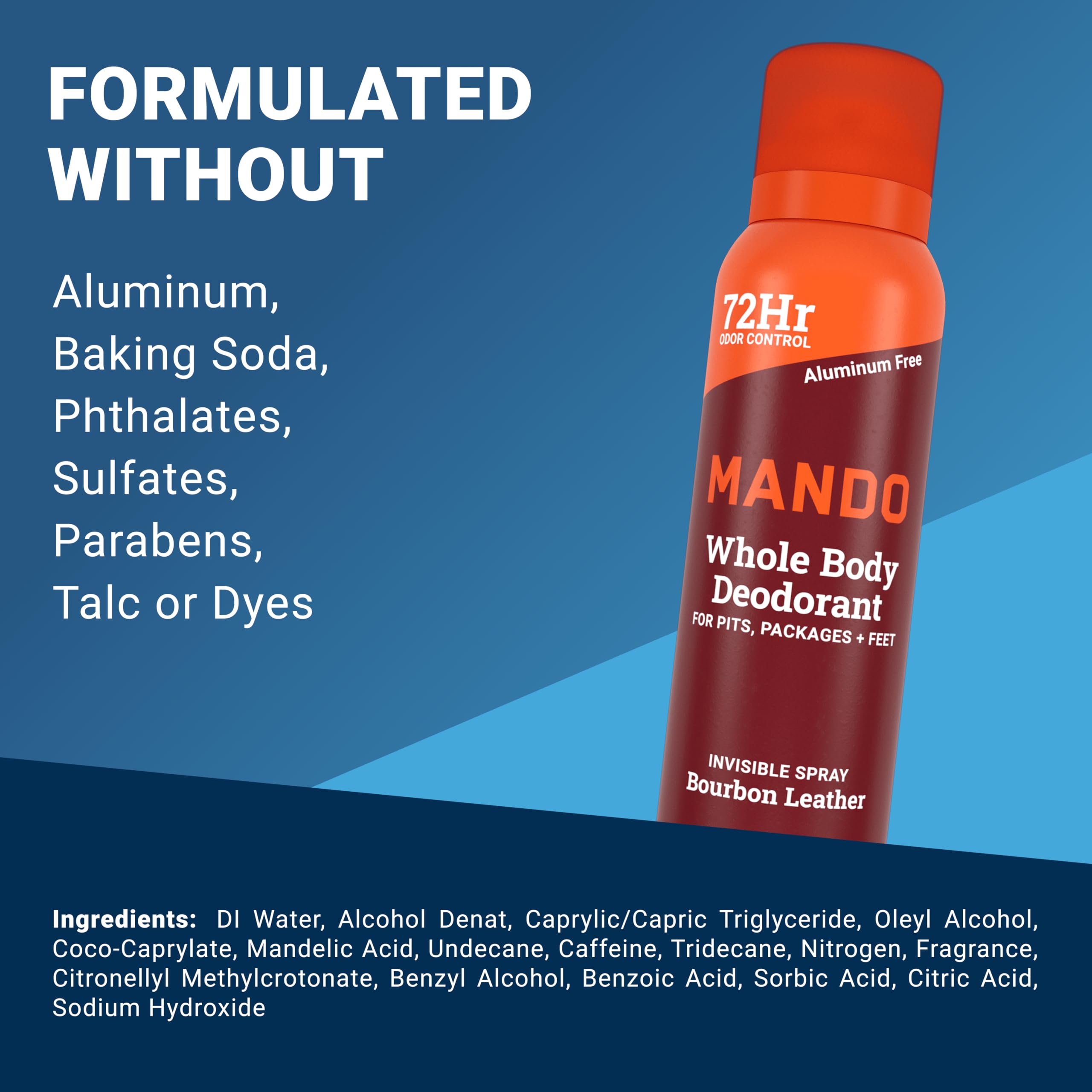 Safety icons show aluminum-free and benzene-free formula for low irritation