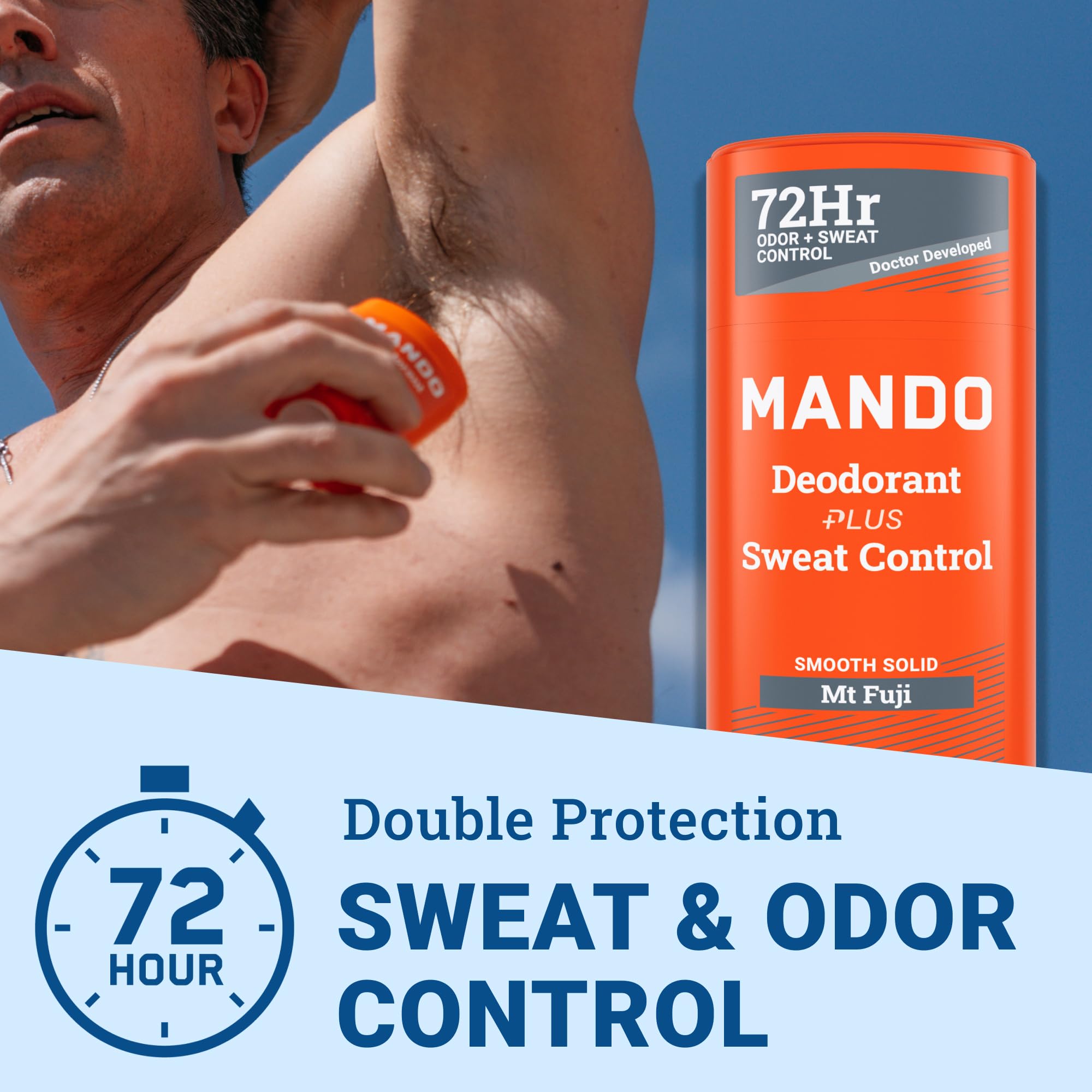 Mando antiperspirant Mt Fuji stick being applied for quick refresh and dryness.