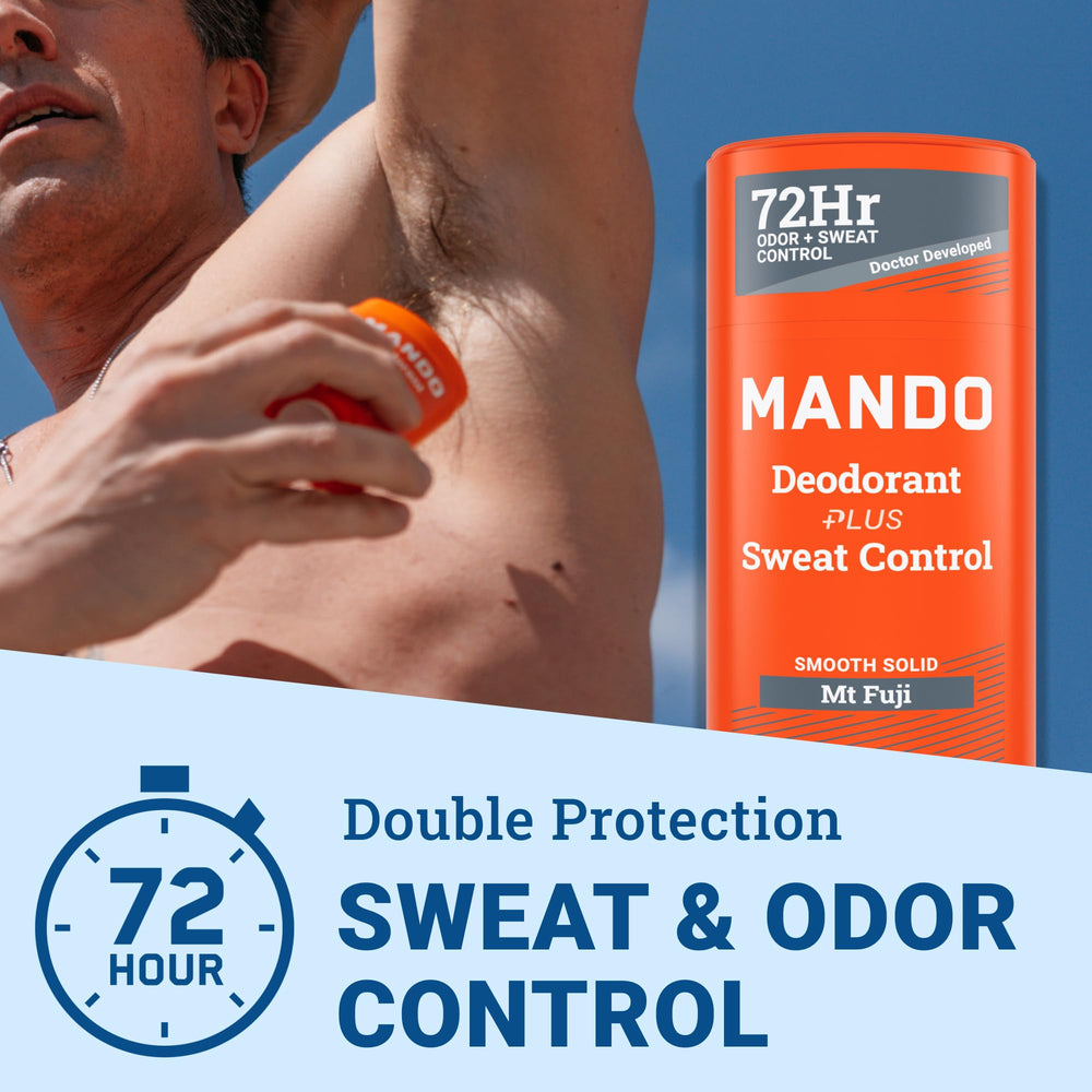 Mando antiperspirant Mt Fuji stick being applied for quick refresh and dryness.