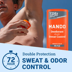 Mando antiperspirant Mt Fuji stick being applied for quick refresh and dryness.