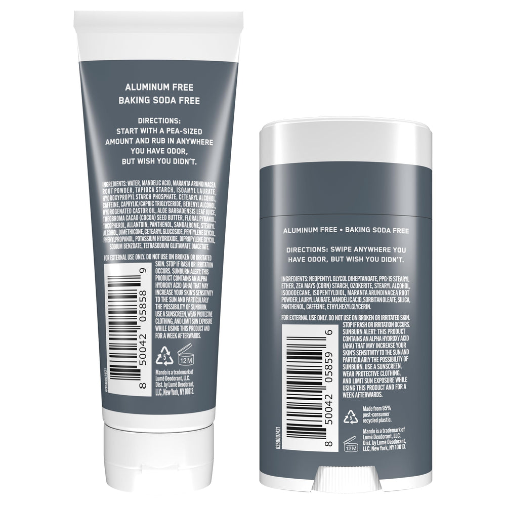 Mando baking-soda-free formula shown for sensitive areas and comfort.