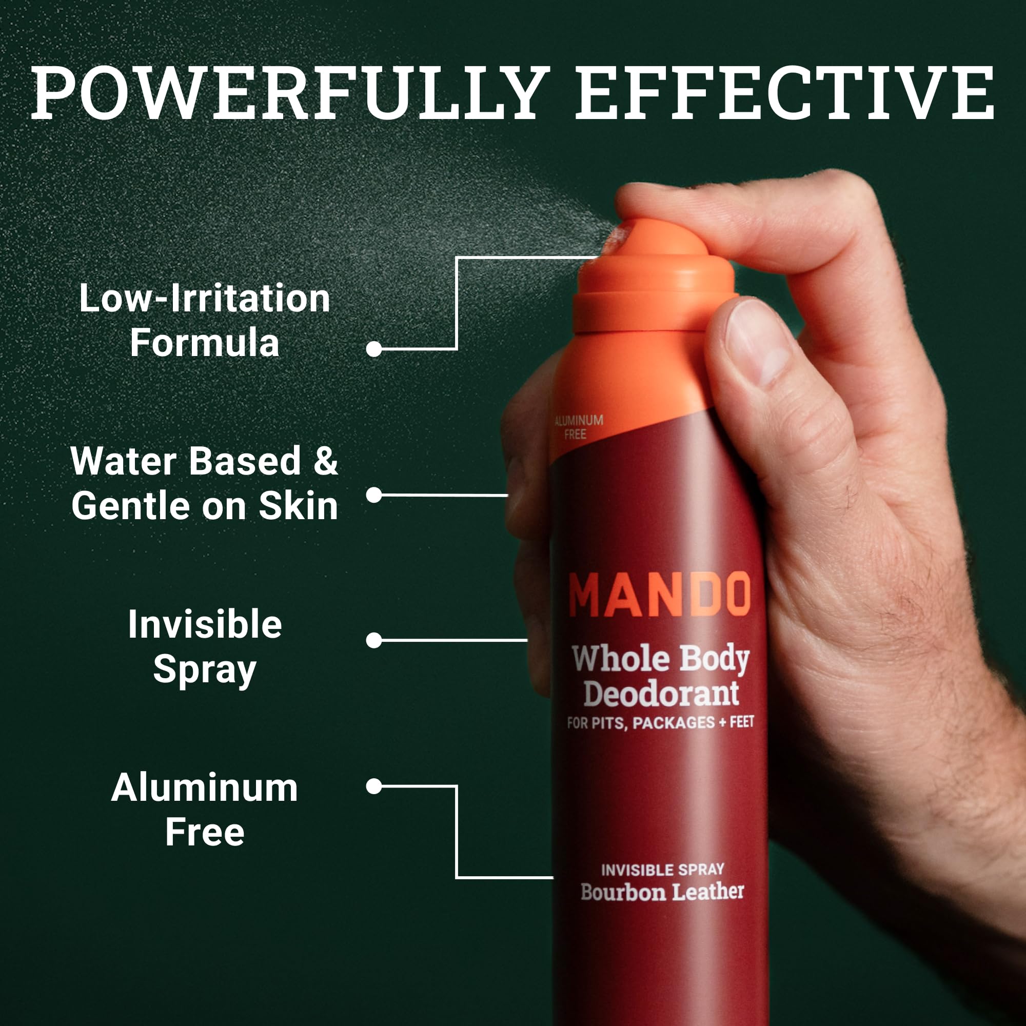 Mando Bourbon Leather deodorant bottle label highlights long lasting scent.