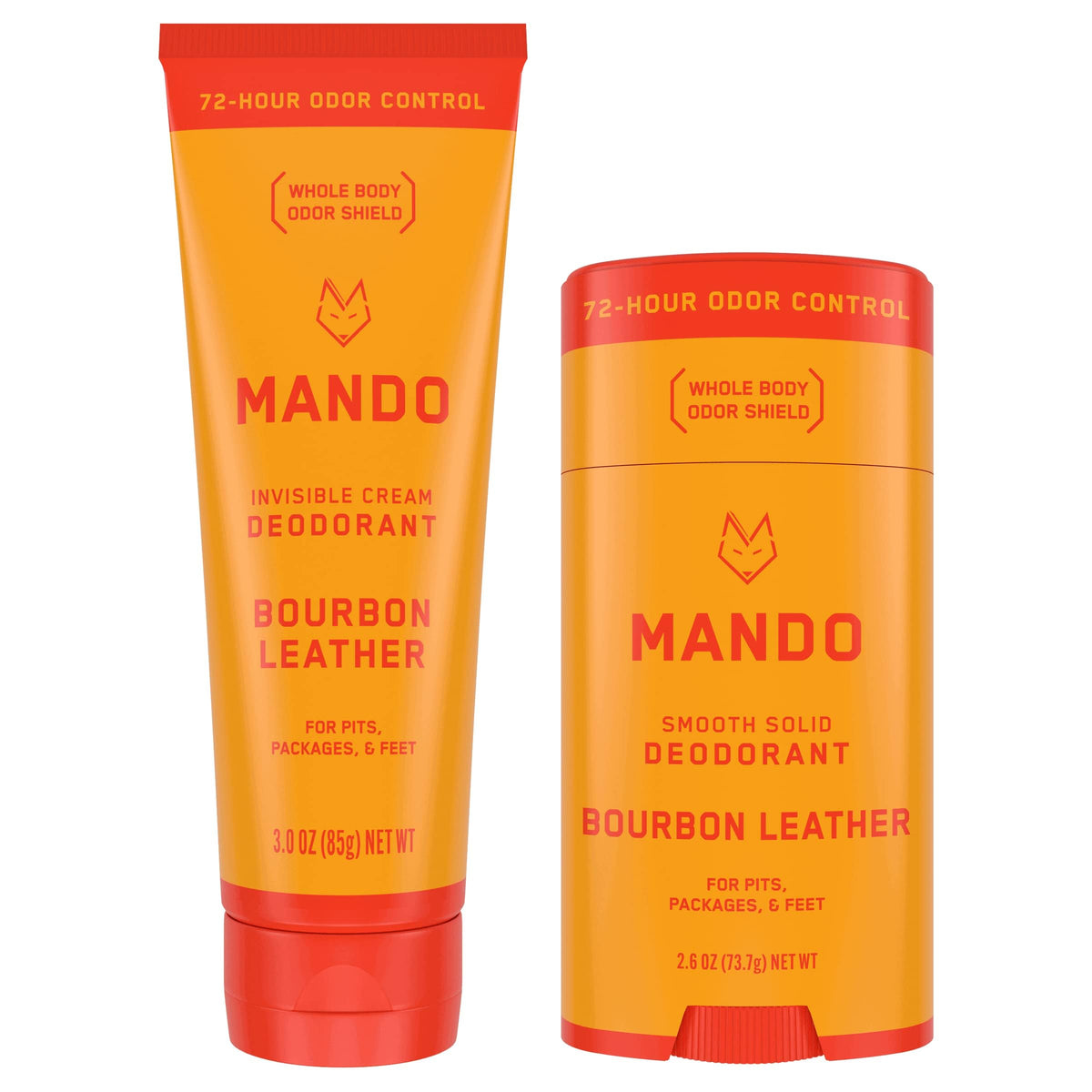 Mando Bourbon Leather deodorant tube front showing all-day odor protection potential