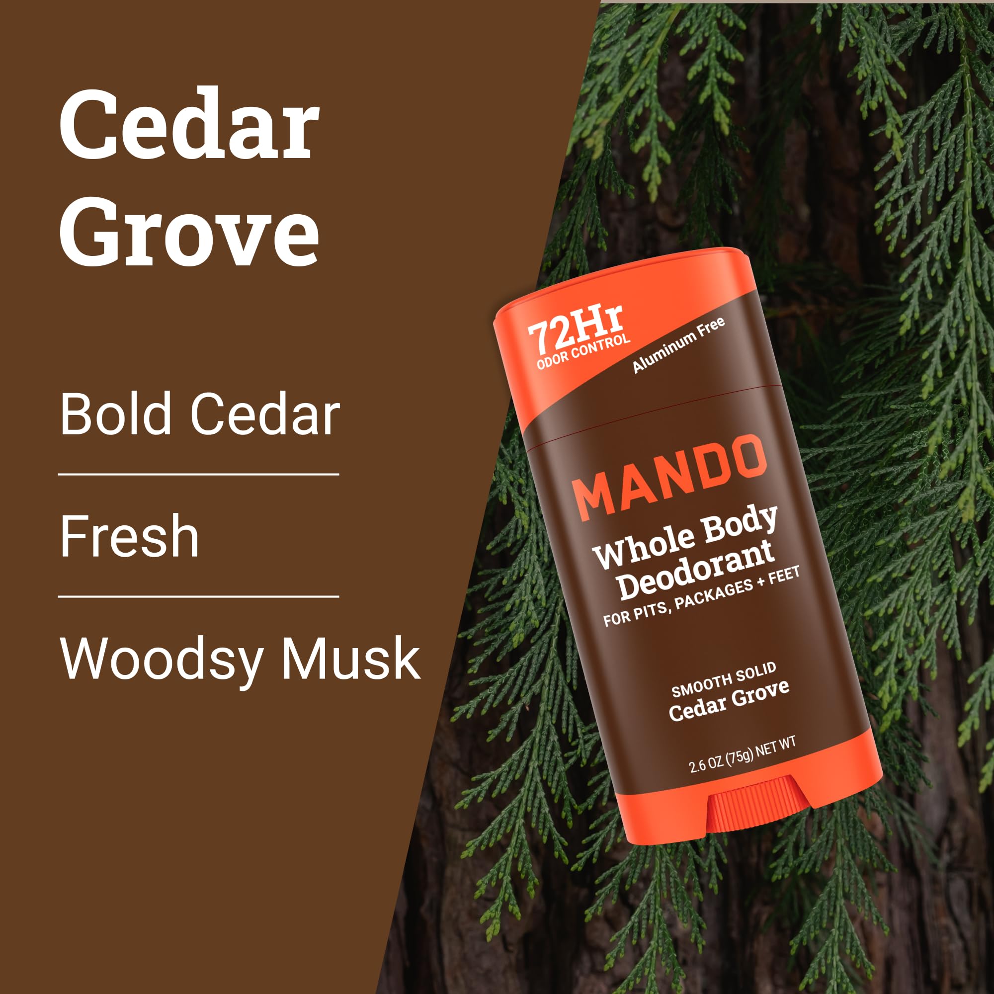 Mando Cedar Grove front label highlighting skin-safe, baking soda-free formula.