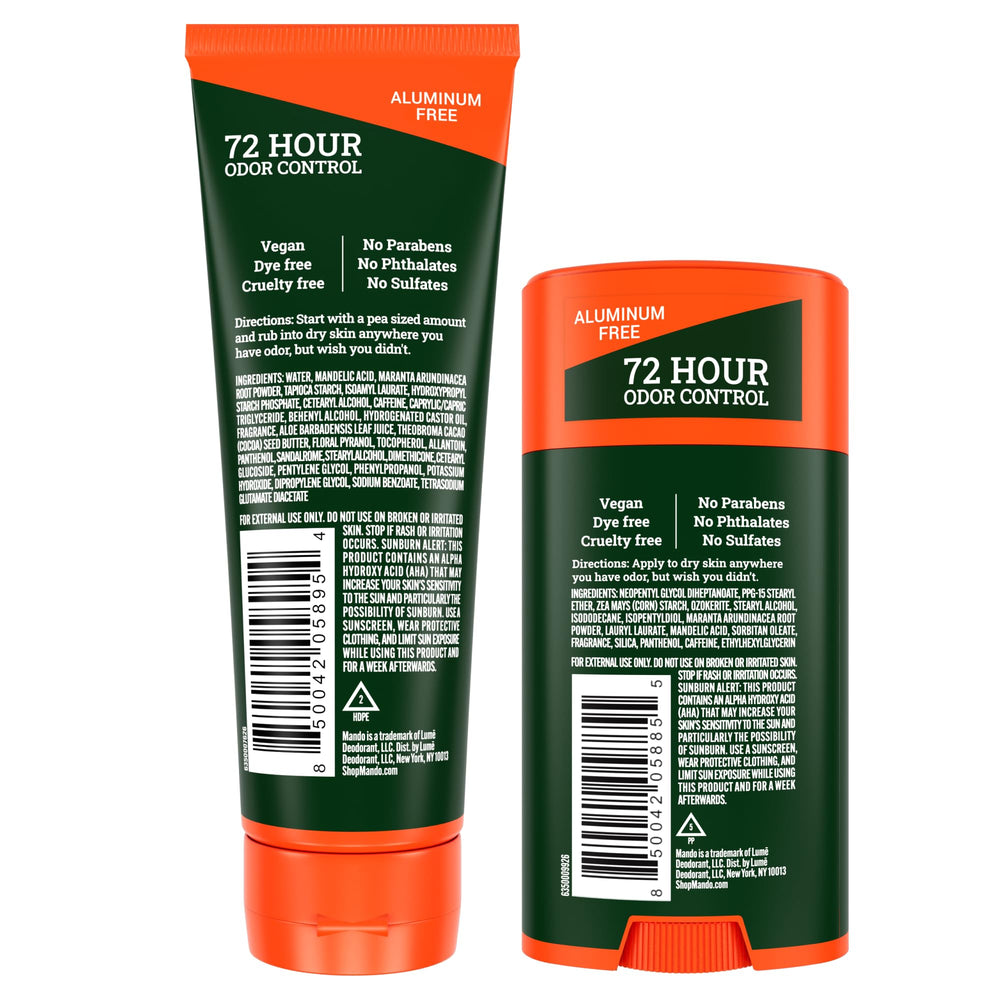 Mando Clover Woods packaging highlights a skin-safe, aluminum-free deodorant option.
