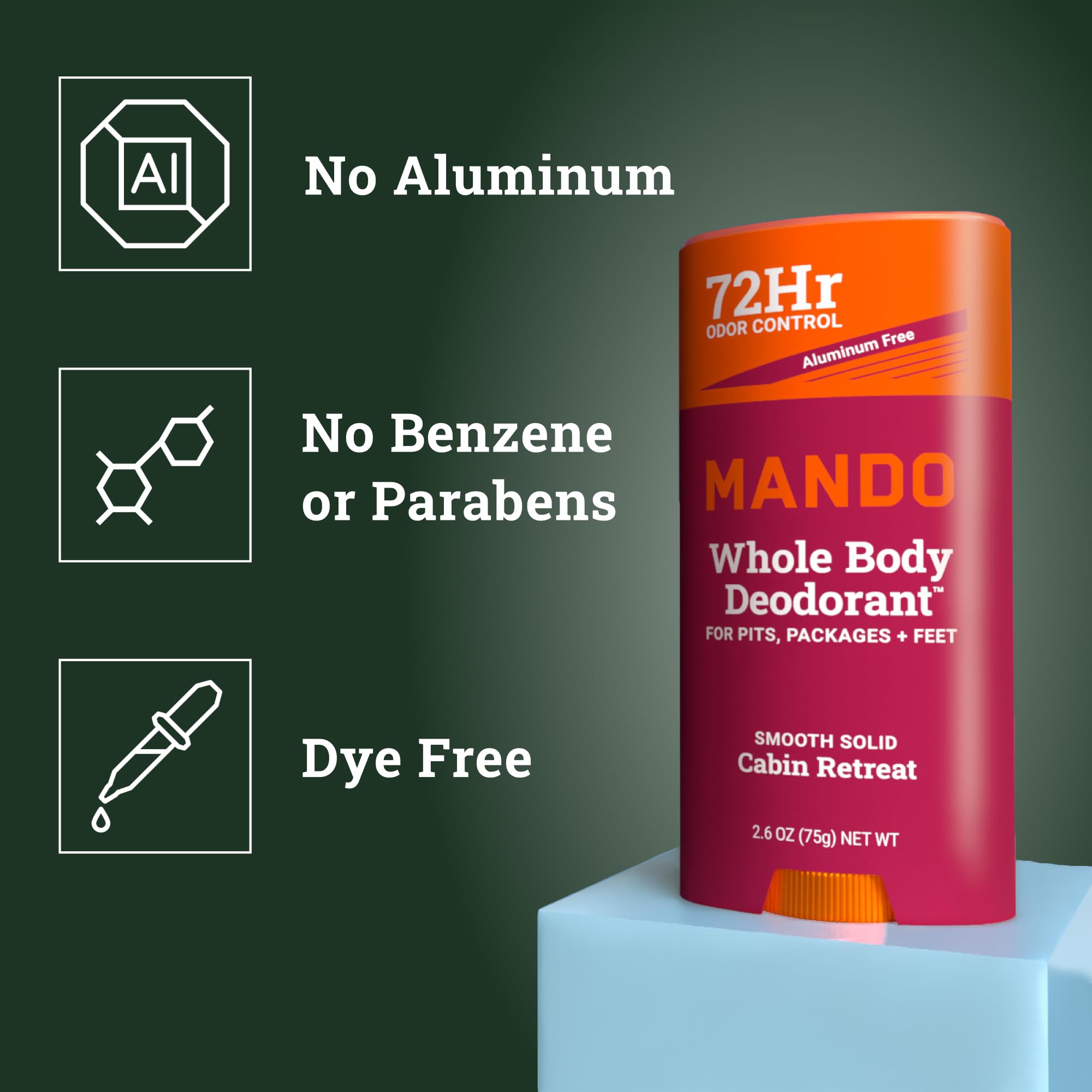 Mando underarm close-up demonstrating skin-safe aluminum-free formula.
