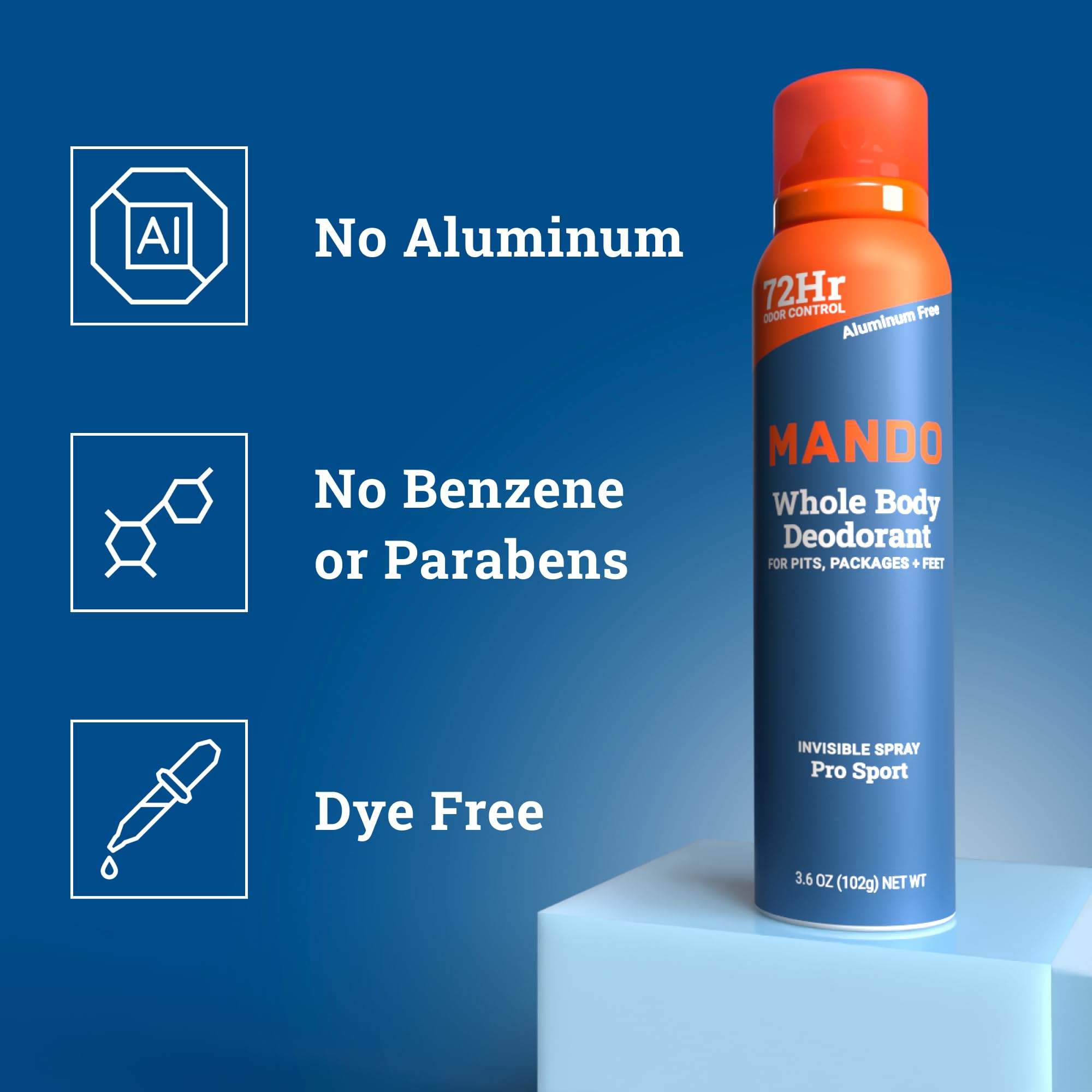 Mando Dermatologist-tested hypoallergenic badge near product packaging image.