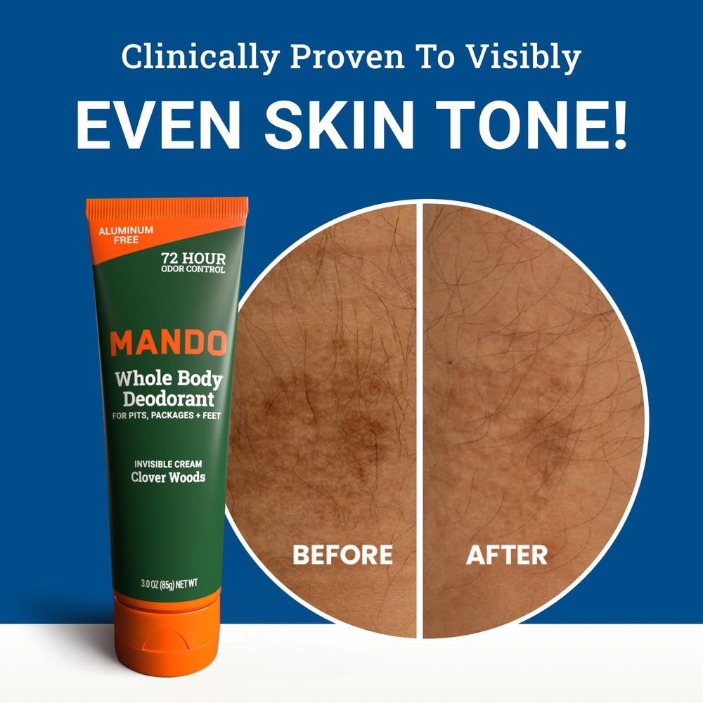 Mando invisible-cream packaging display emphasizes Clover Woods twin-pack for home or travel