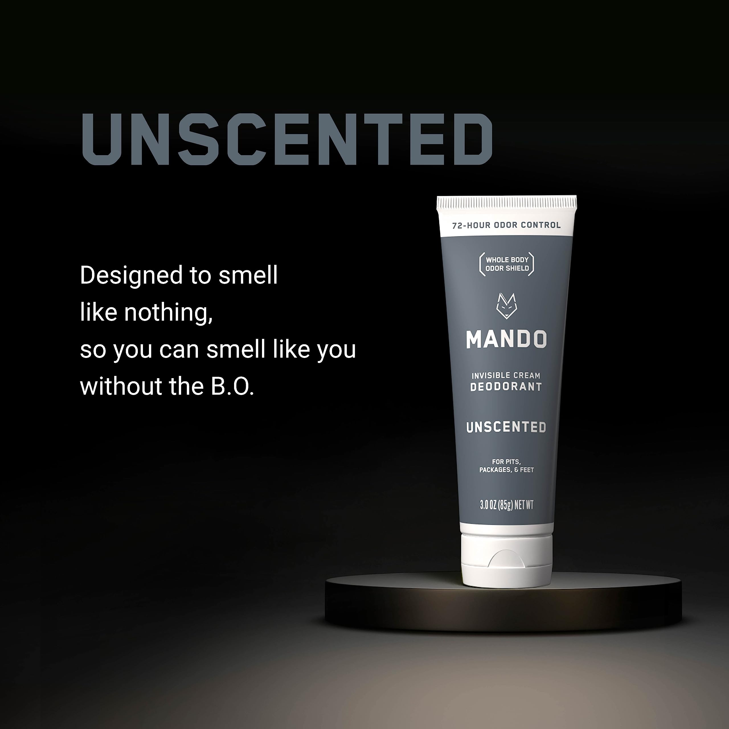 Mando invisible-cream tub closeup highlights unscented, skin-safe formula.