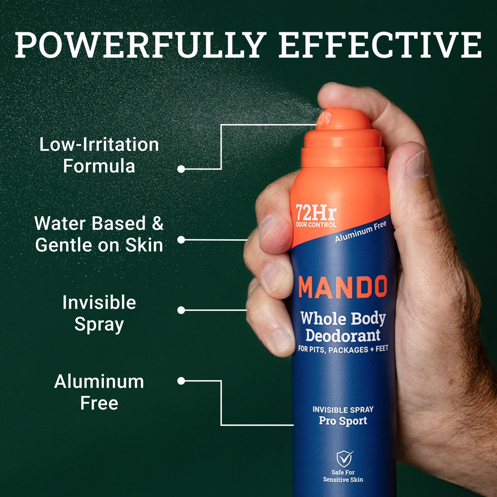 Mando Invisible Spray application image highlights quick-dry feel and skin-friendly use.