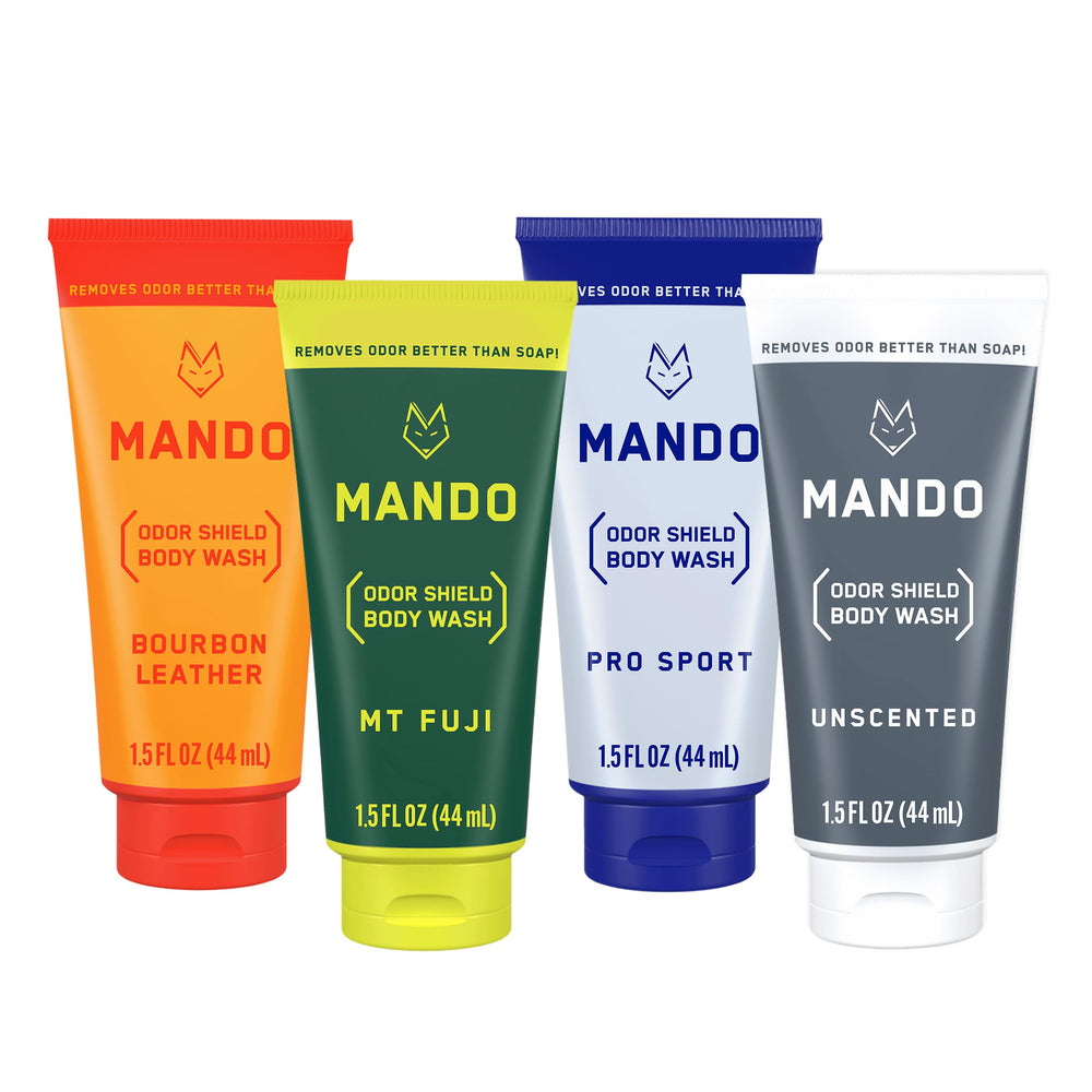 Mando Mini Body Wash Bourbon Leather bottle with lasting odor control for daily freshness