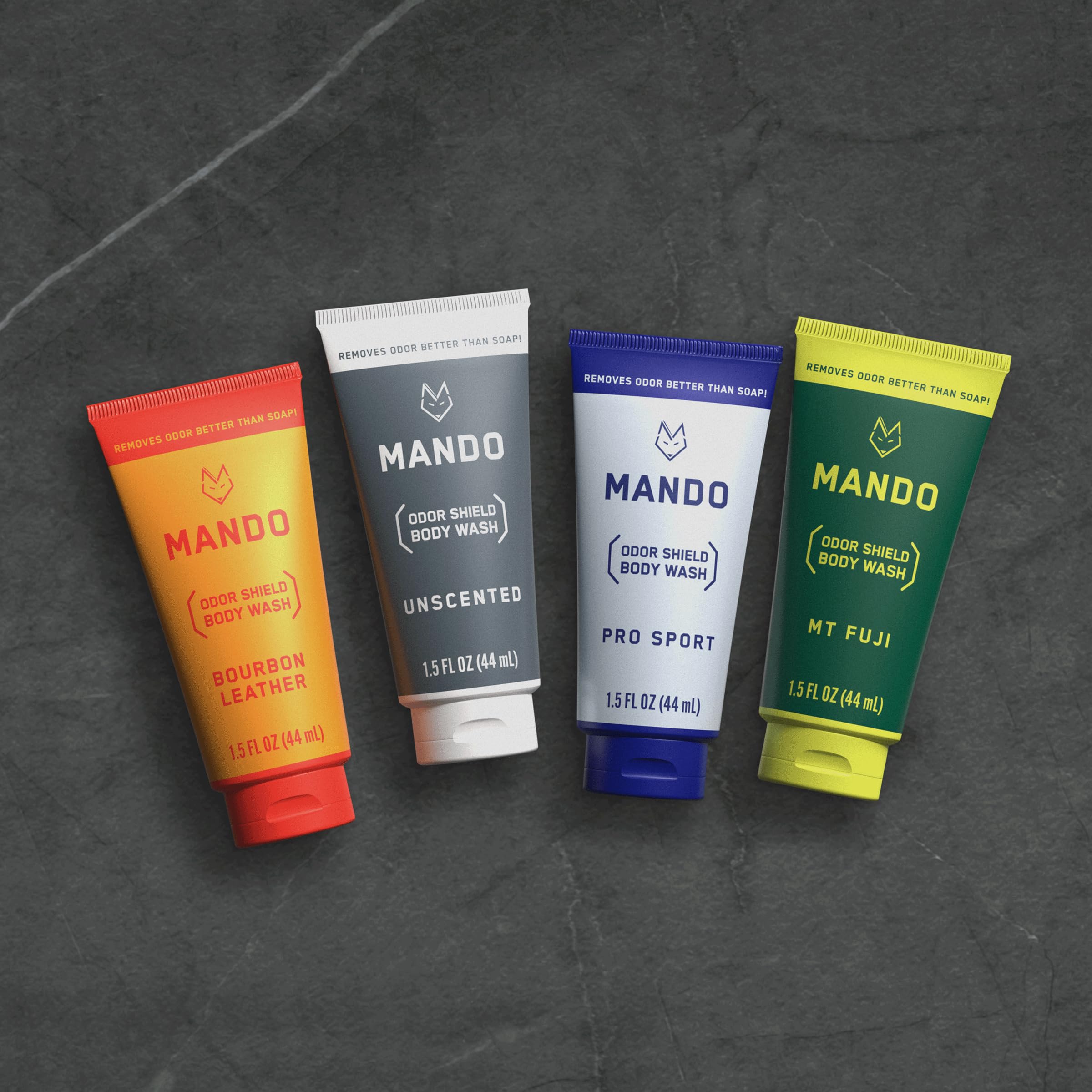 Mando Mini Body Wash Unscented travel-pack image suggests odor management on the move.