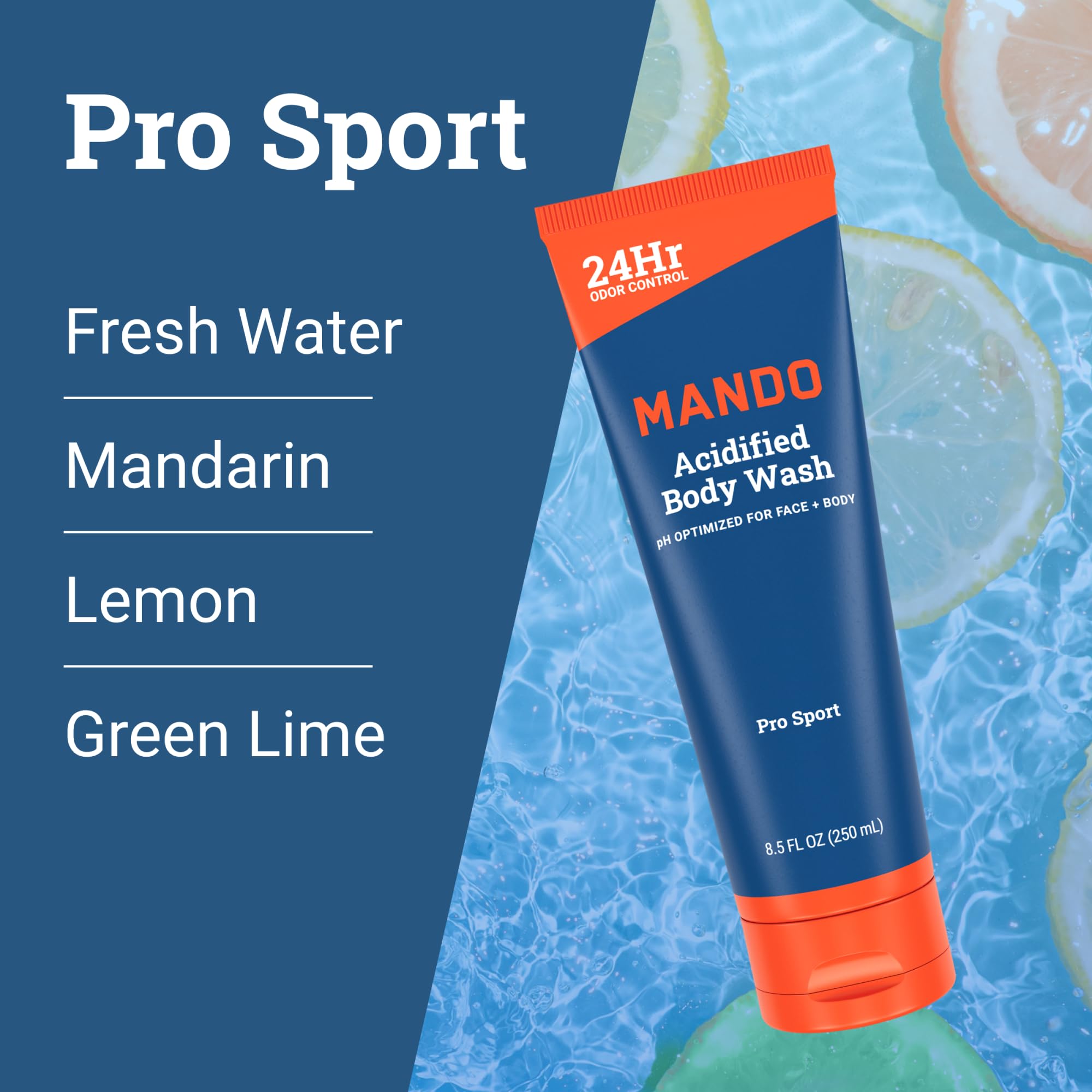 Mando Odor Shield Body Wash 24-hour control label on pack