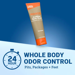 Mando Odor Shield Body Wash bottle back explains skin safe, scent free benefits