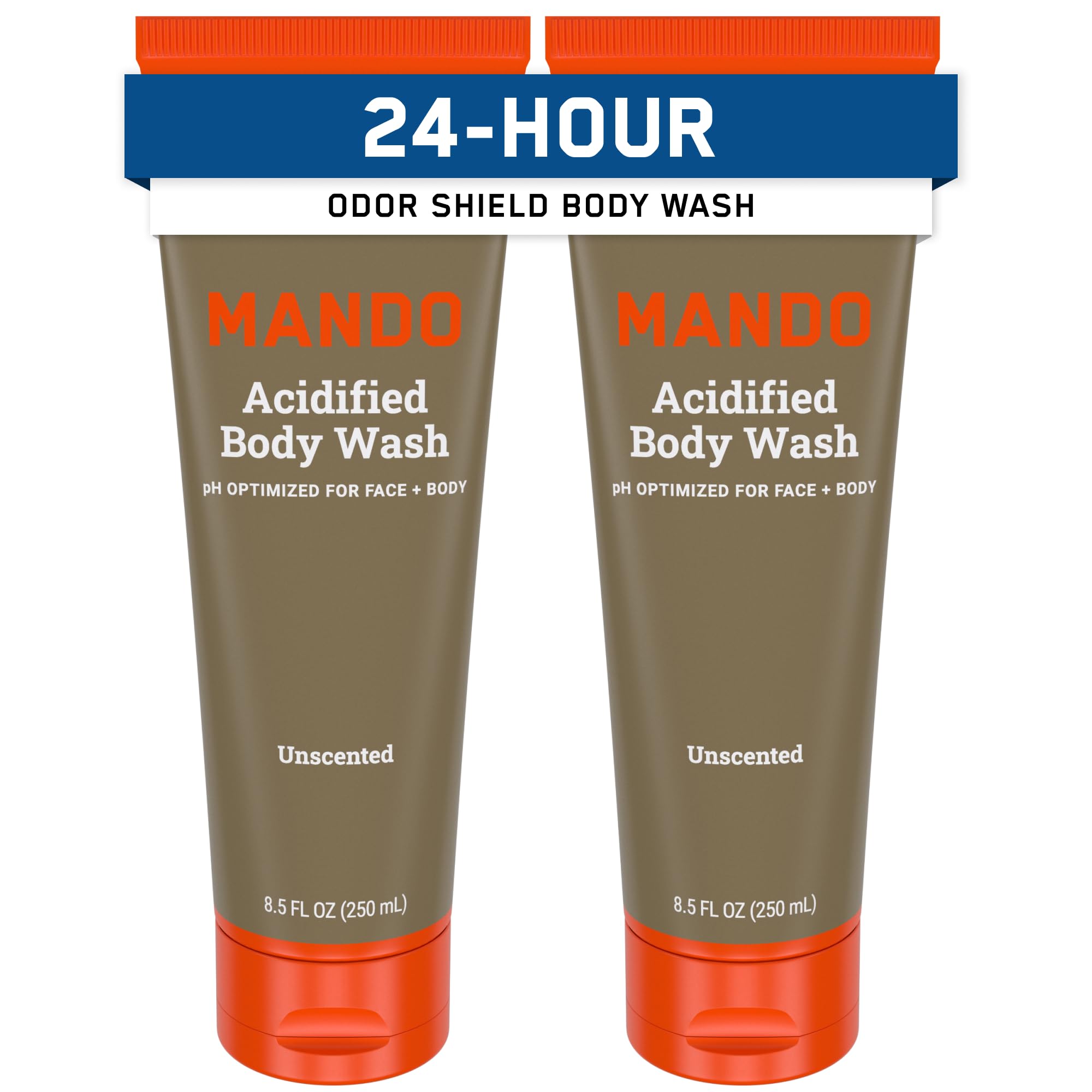 Mando Odor Shield Body Wash bottle front showing unscented formula for everyday cleansing