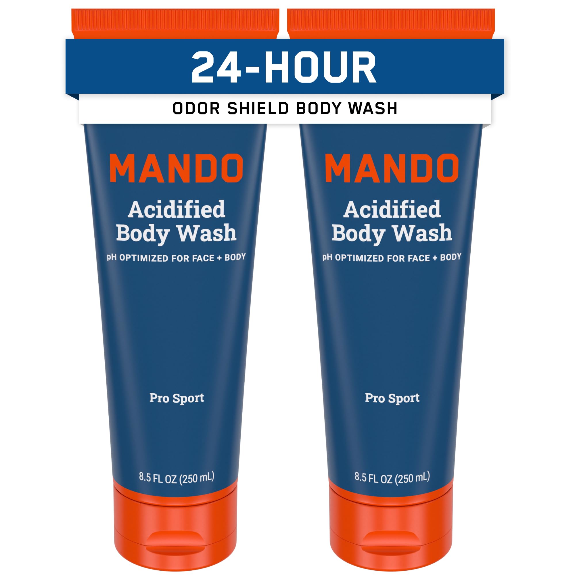 Mando Odor Shield Body Wash bottle demonstrating 24-hour odor control