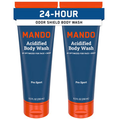 Mando Odor Shield Body Wash bottle demonstrating 24-hour odor control