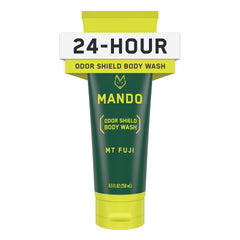 Mando Odor Shield Body Wash bottle ready for daily odor control.