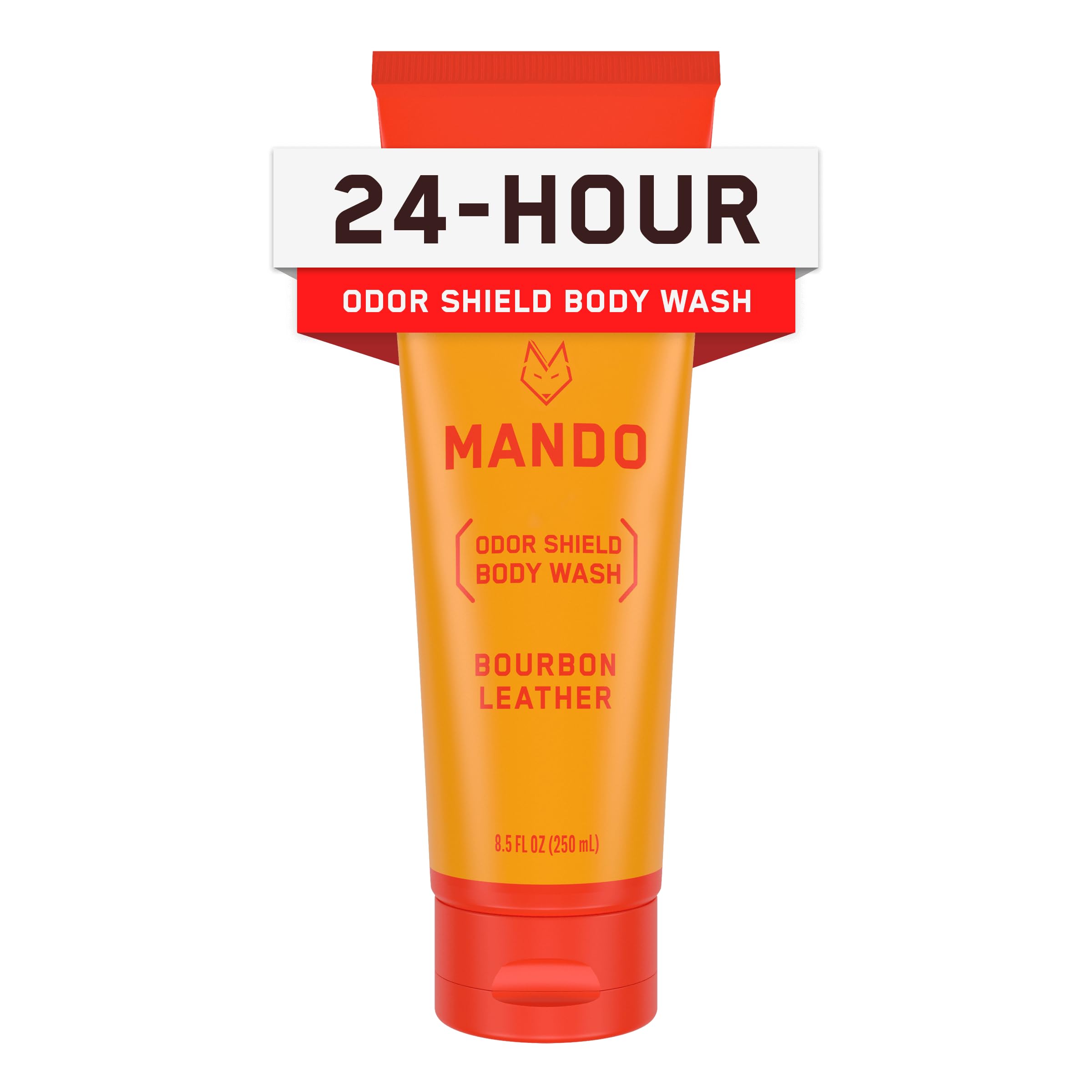 Mando Odor Shield Body Wash bottle demonstrates long-lasting odor control from a single wash