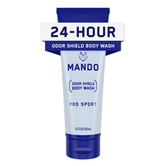 Mando Odor Shield body wash bottle promotes all-day odor control.