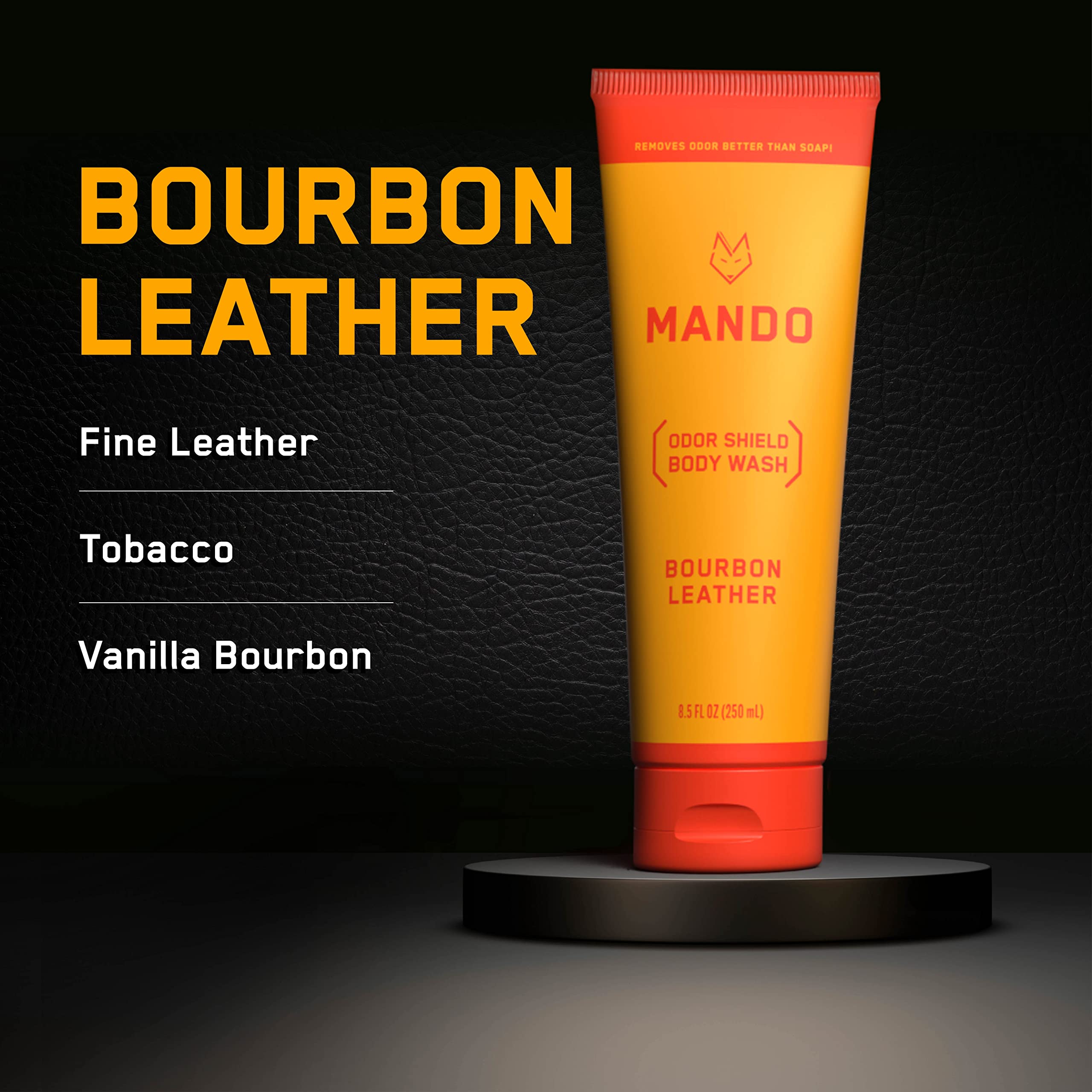 Mando Odor Shield Body Wash Bourbon Leather bottle close-up highlights skin-safe formula.