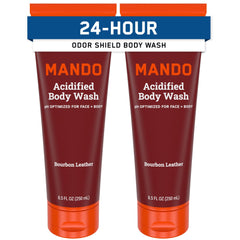 Mando Odor Shield Bourbon Leather bottle delivers lasting freshness after showers.