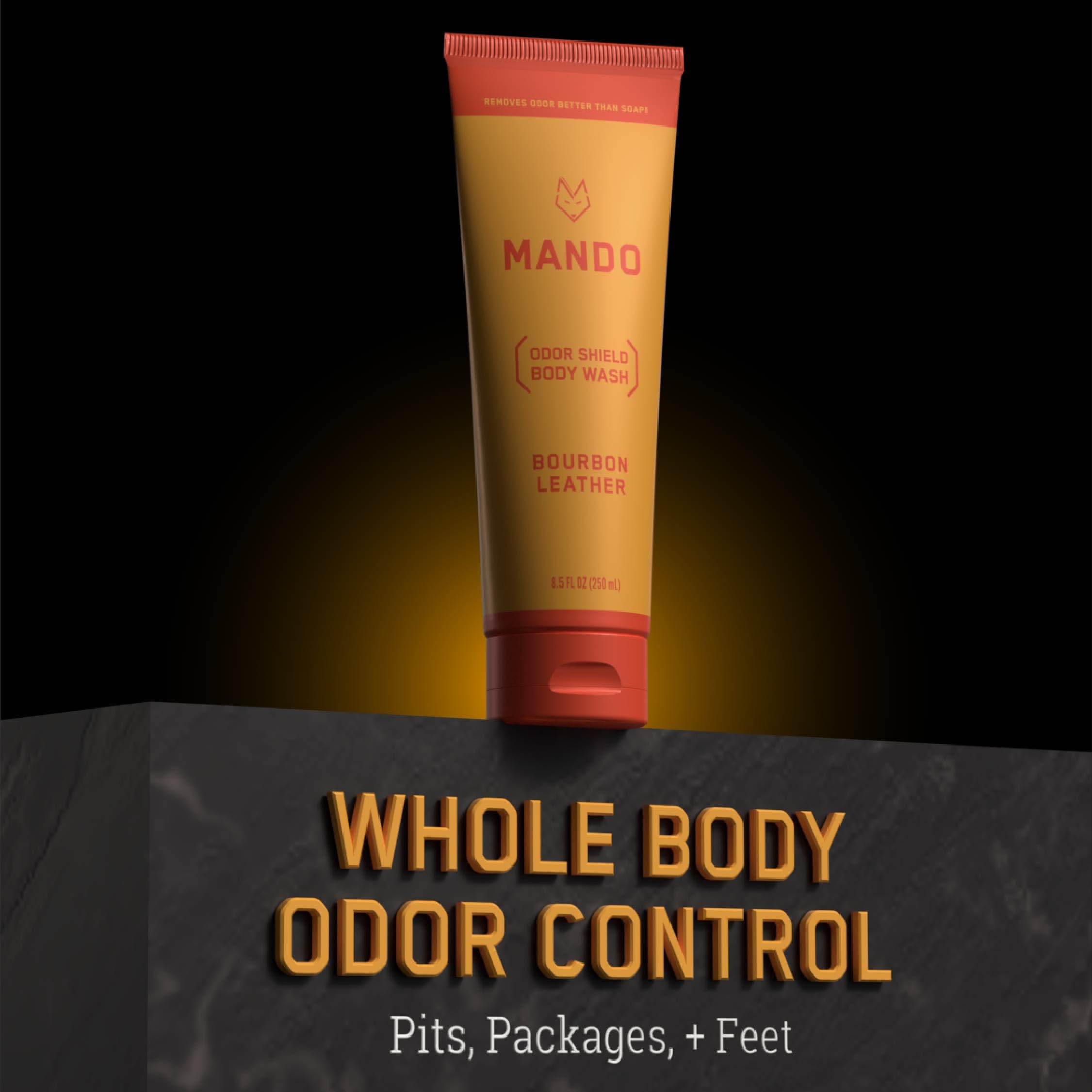 Mando Odor Shield Body Wash Bourbon Leather paraben-free formula highlighted on label.