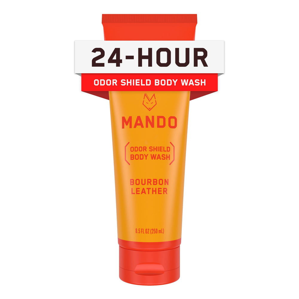 Mando Odor Shield Body Wash Bourbon Leather bottle pour delivers 24-hour odor control.
