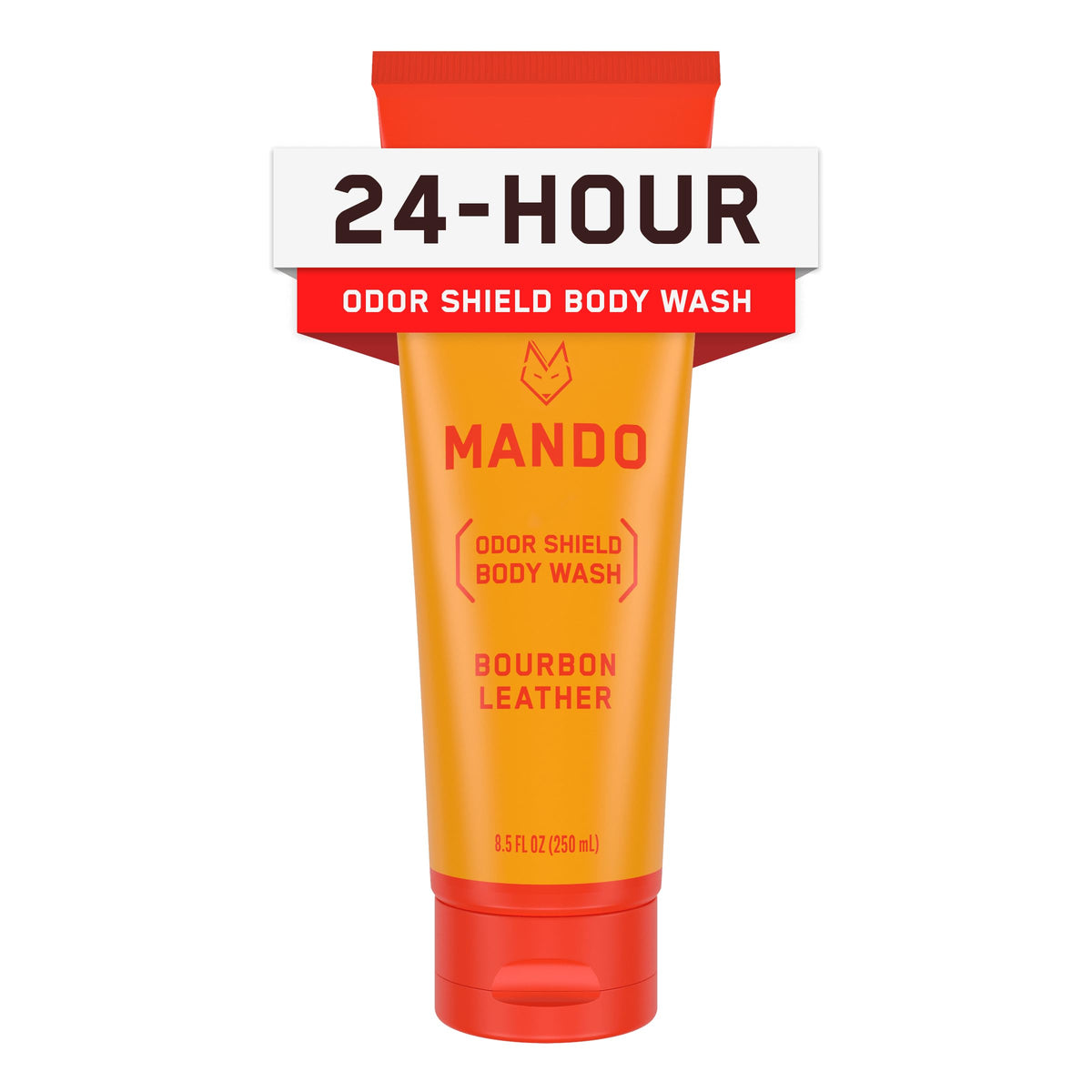 Mando Odor Shield Body Wash Bourbon Leather bottle pour delivers 24-hour odor control.