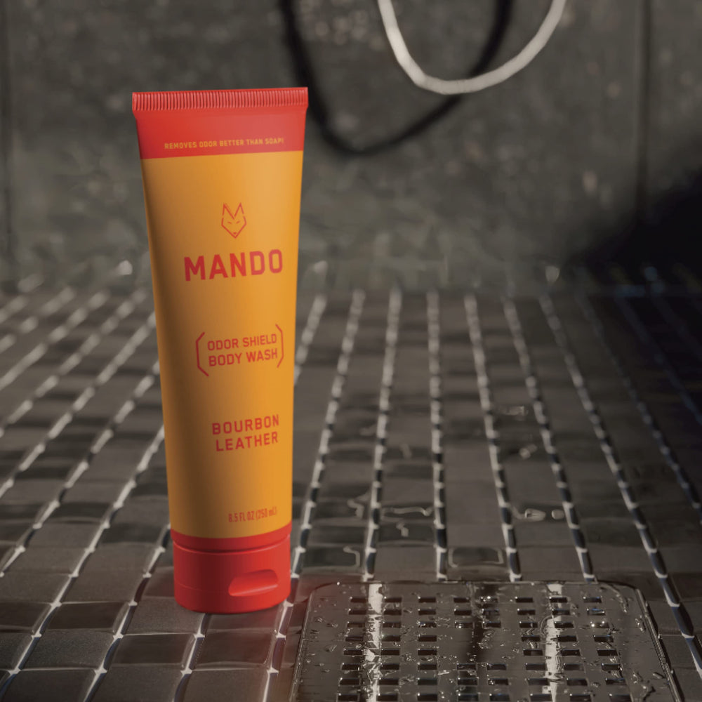 Mando Odor Shield Body Wash Bourbon Leather rich lather for a thorough cleanse.