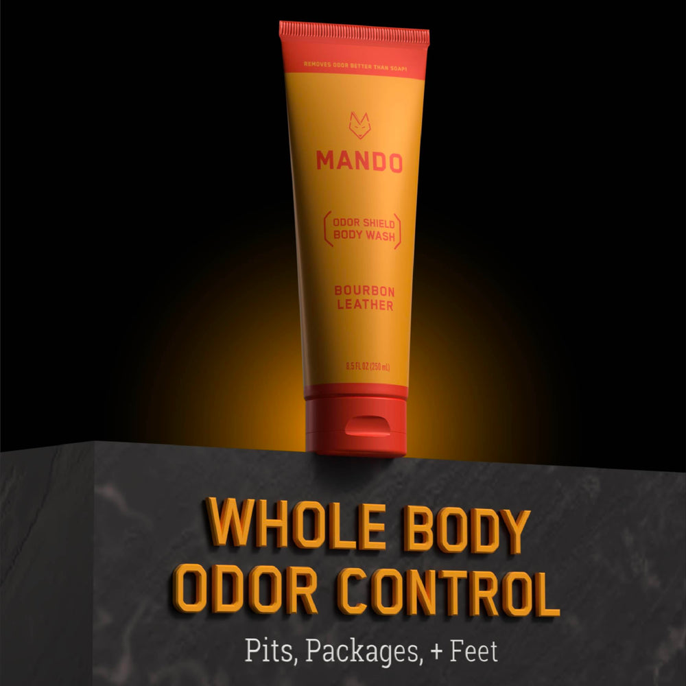 Mando Odor Shield Bourbon Leather scent captures masculine aroma while promoting feel-good refreshment
