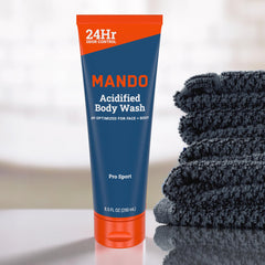 Mando Odor Shield Body Wash foam close-up showing creamy lather