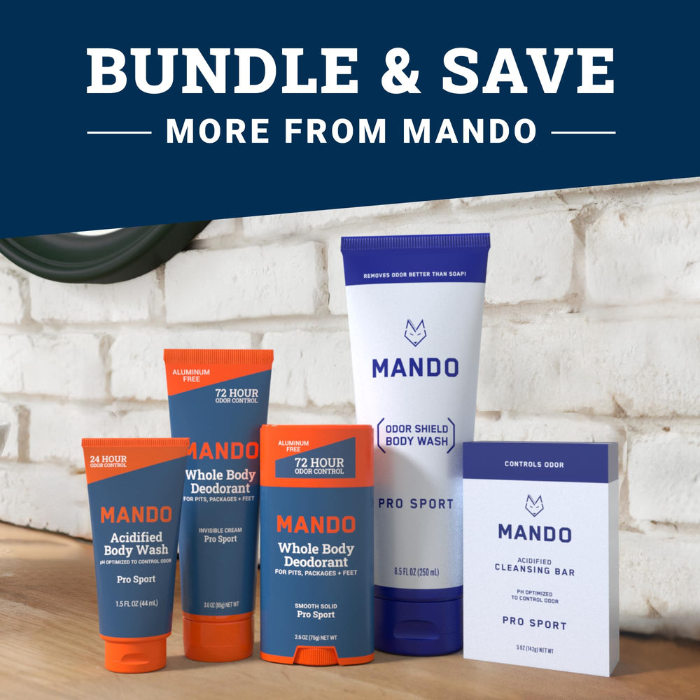 Mando Odor Shield Body Wash back label close-up with ingredients