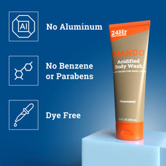 Mando Odor Shield Body Wash unscented label indicating fragrance free formula