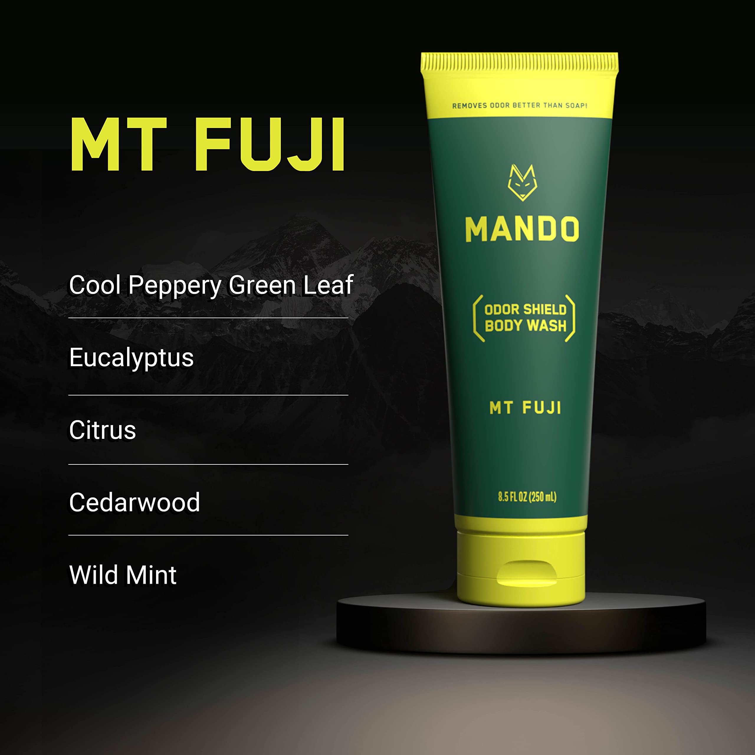 Mando Odor Shield Body Wash bottle pour for easy application.