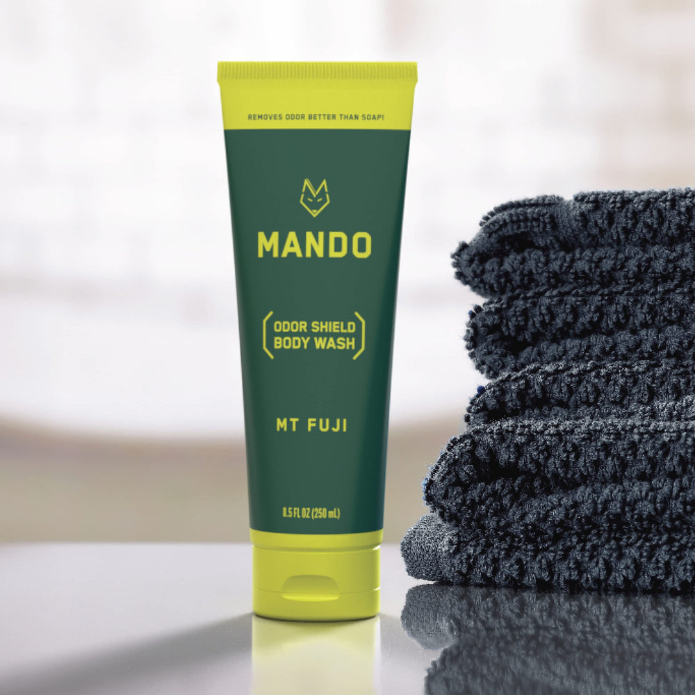 Mando Odor Shield packaging box highlighting travel-friendly, skin-safe cleansing.