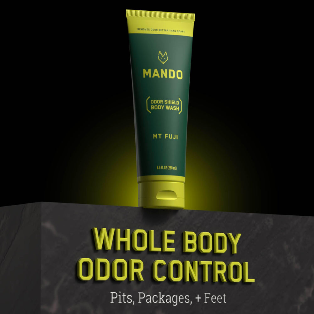 Mando Odor Shield shower scene evoking a fresh odor-control routine.