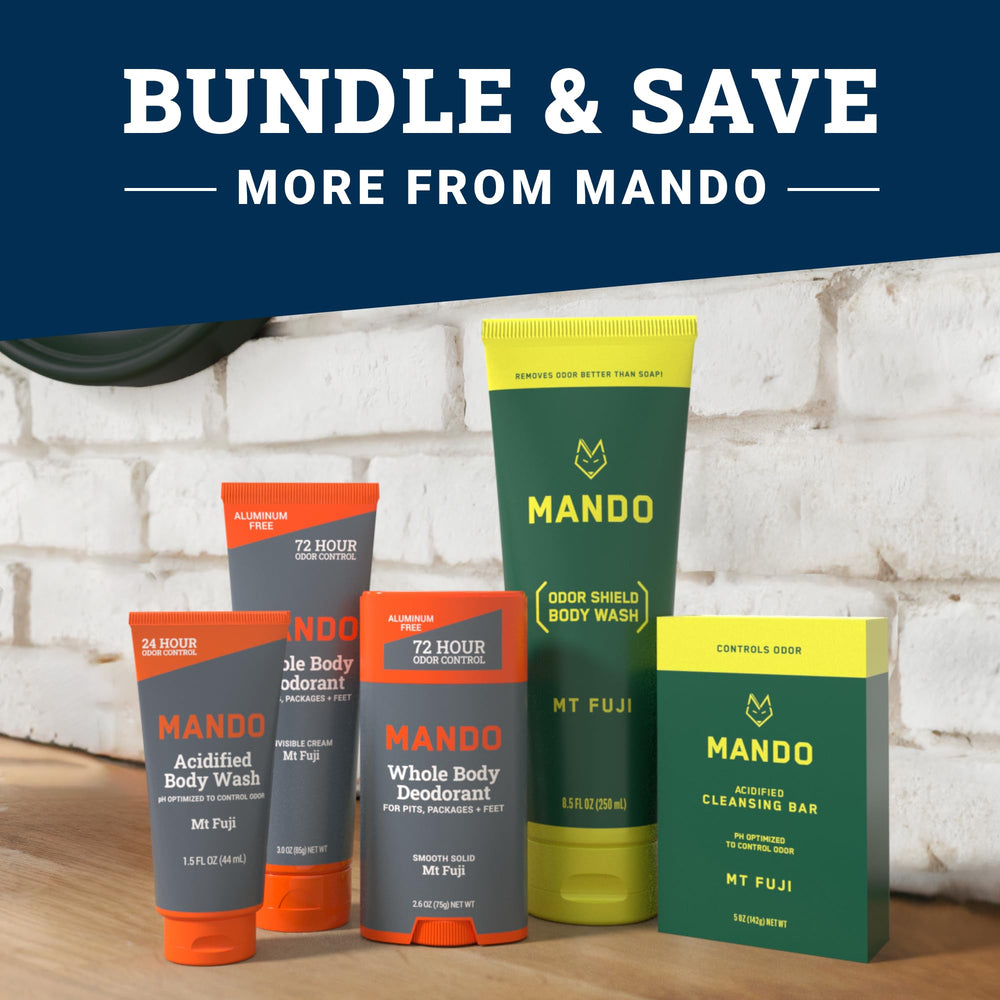 Mando Odor Shield skin-safe icon graphic emphasizes safe use